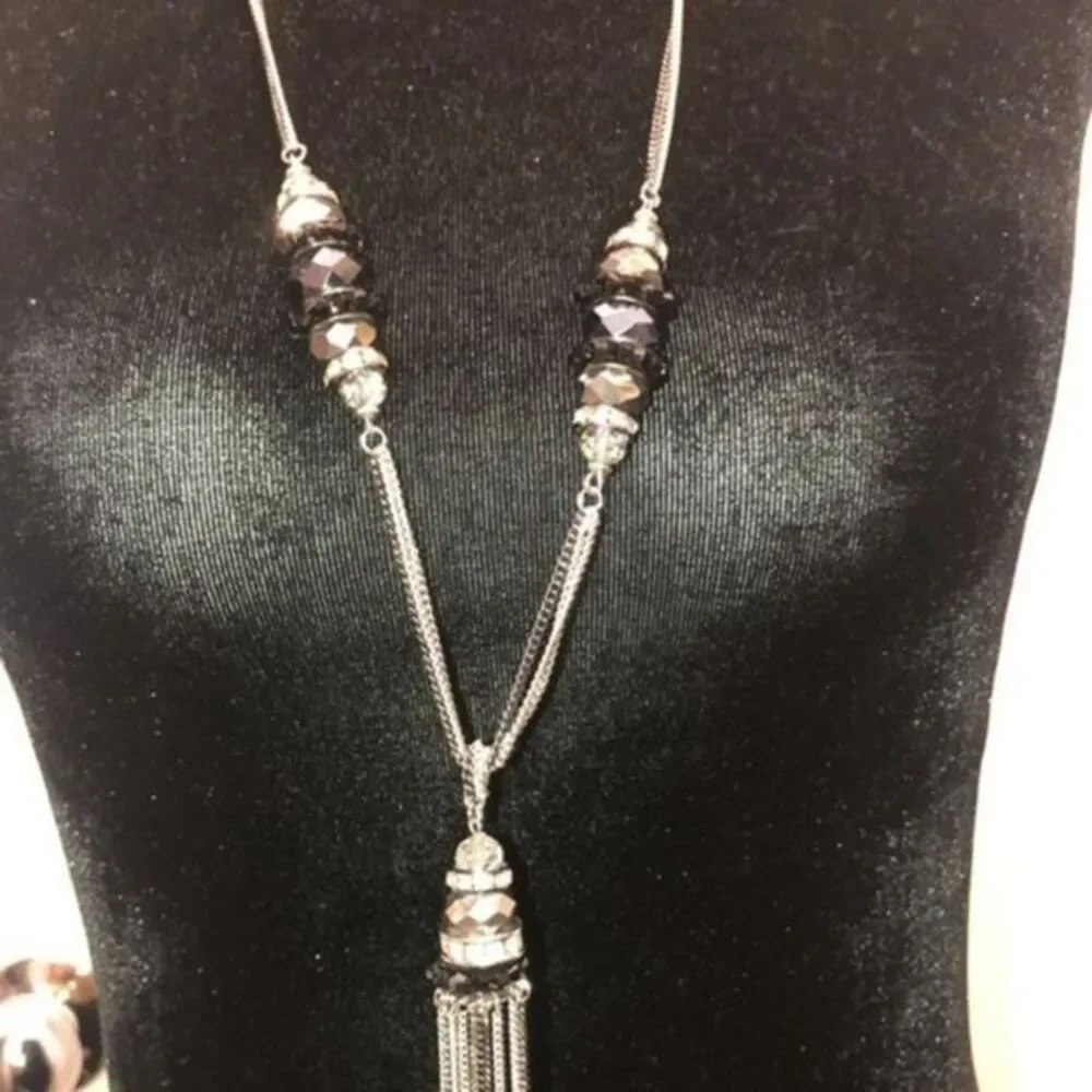 INC long necklace silver tone with glass Brad’s necklace